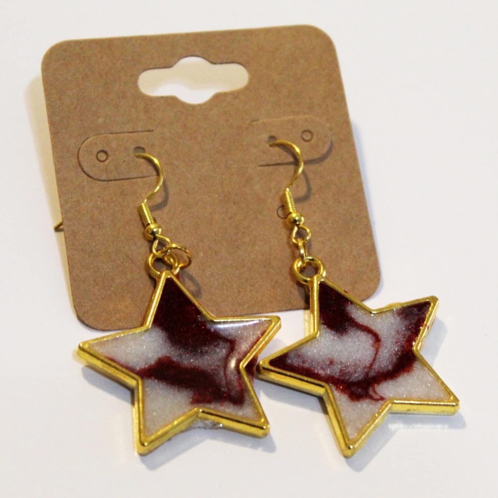 White and Red Star Earrings with Metallic Gold Trim